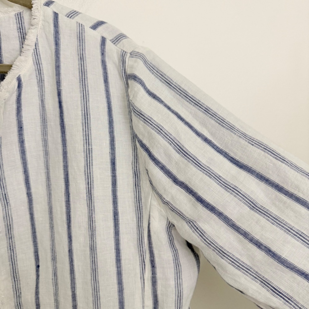 Chicos Blue White Striped‎ Linen Open Front Jacket Frayed Trim Size 2 US 12 - Picture 6 of 10
